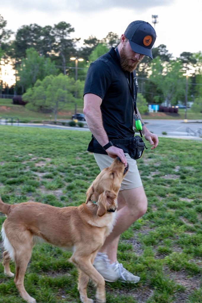 Anthony Falcone coaching a puppy during a structured outdoor training session